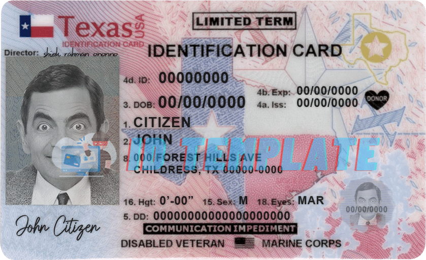 Texas ID Card PSD Template Driving license Template