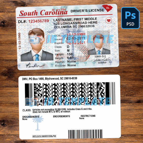 South Carolina Driving license Template