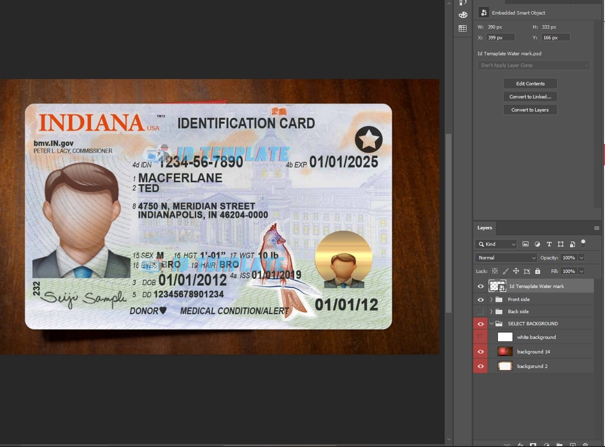Indiana State ID PSD Template