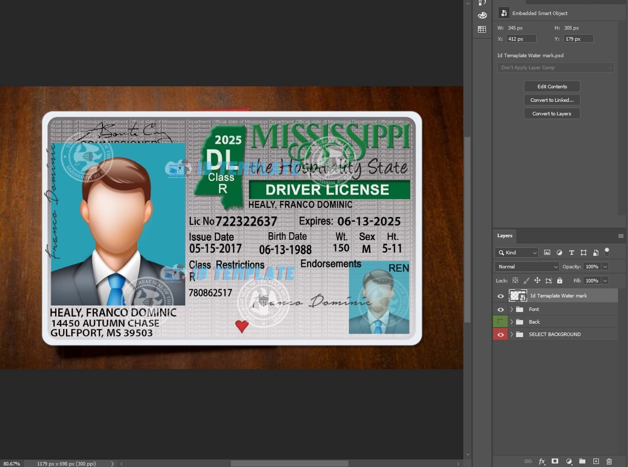 Mississippi Driving License PSD Template Old