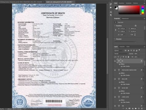 Utah State Death Certificate PSD Template