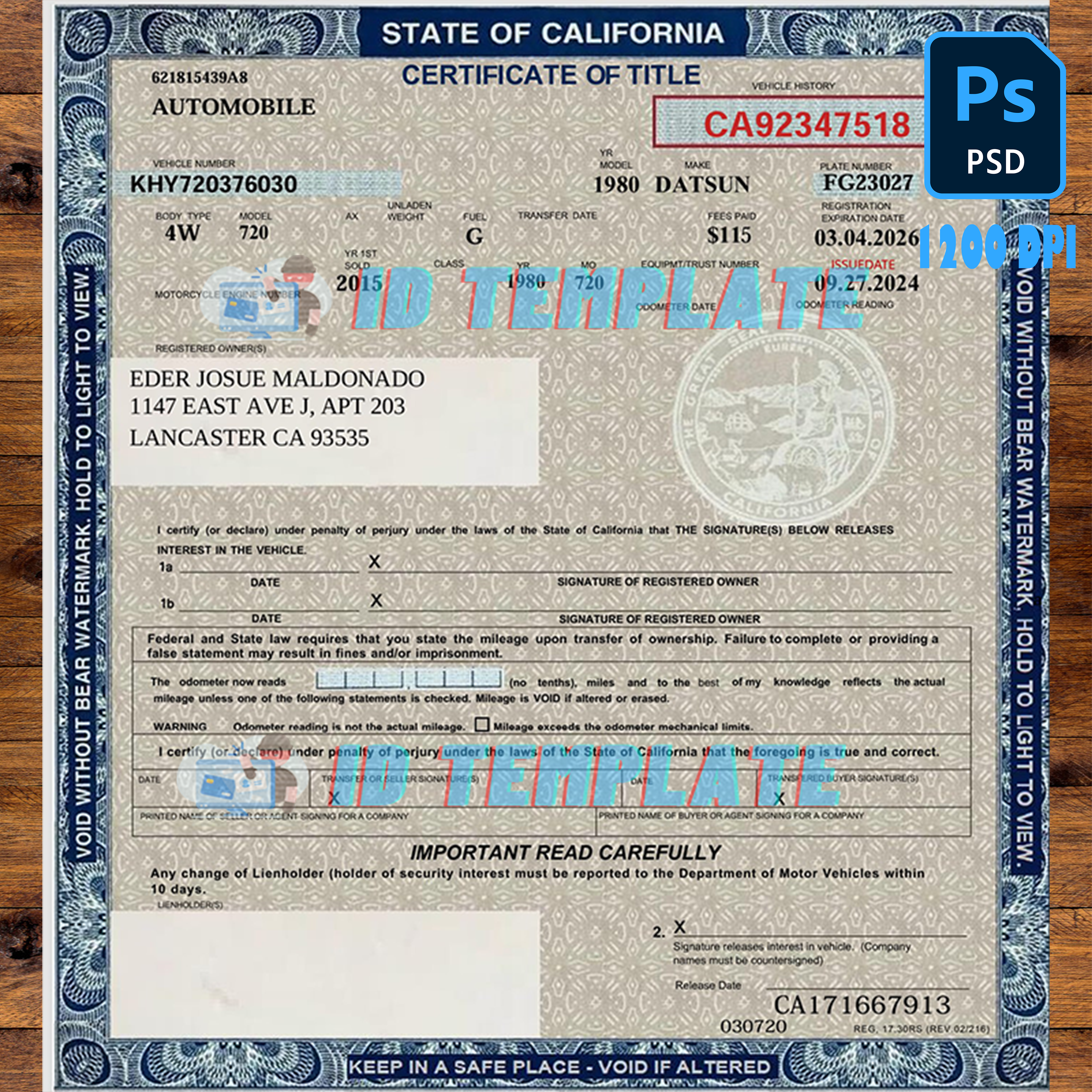 California Certificate of Title of Vehicle