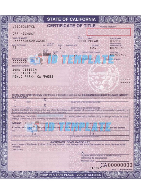 California Certificate of Title of Vehicle