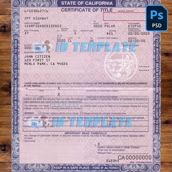 California Certificate of Title of Vehicle