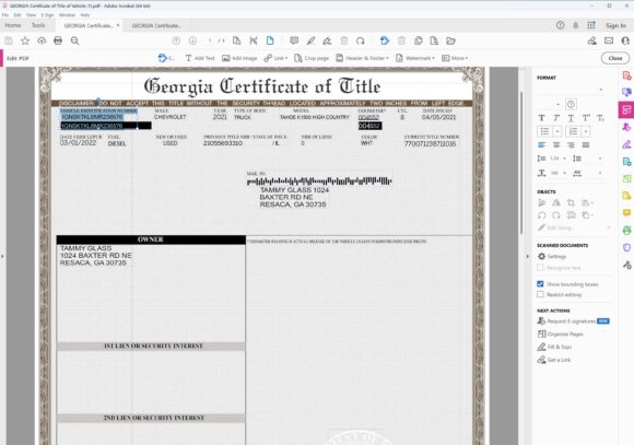 GEORGIA Certificate of Title of Vehicle