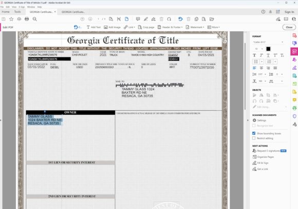 GEORGIA Certificate of Title of Vehicle