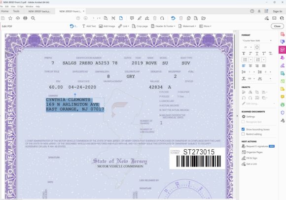 New Jersey Certificate of Title of Vehicle