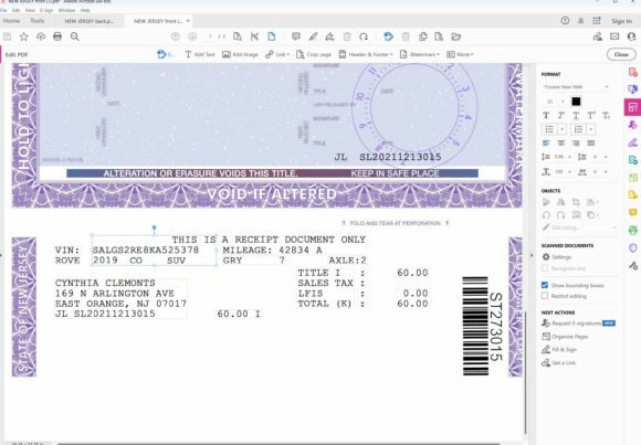 New Jersey Certificate of Title of Vehicle
