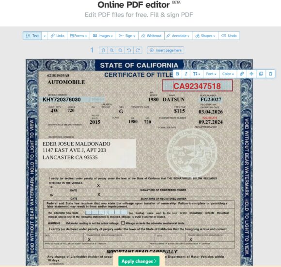 California Certificate of Title of Vehicle