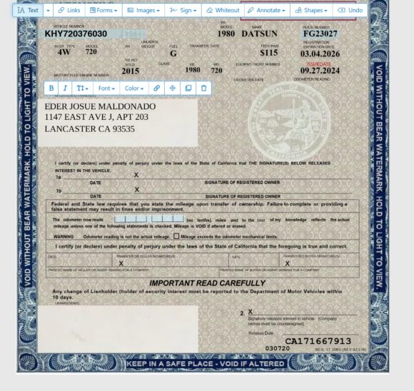 California Certificate of Title of Vehicle 2