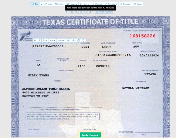 Texas Certificate of Title of Vehicle
