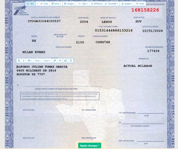 Texas Certificate of Title of Vehicle 2